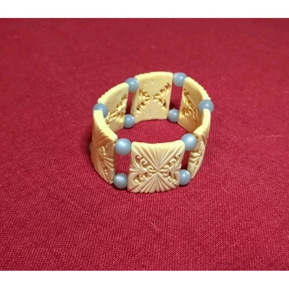 Vintage Carved Bovine Bone Tile Panels & Beads Stretch Bracelet‎ Restrung